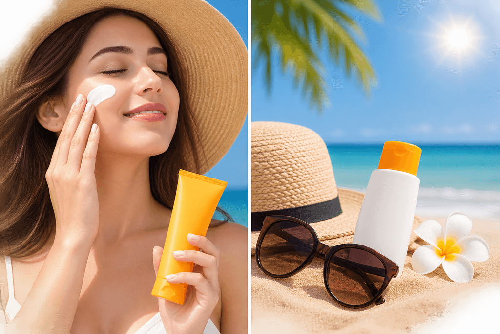 Woman applying sunscreen to her face on a sunny beach