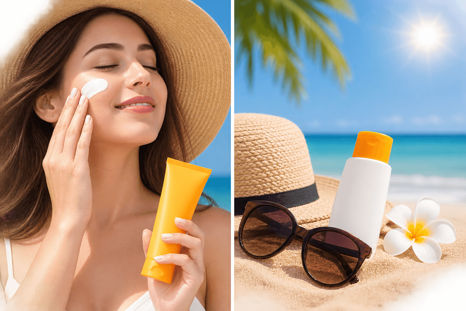 Woman applying sunscreen to her face on a sunny beach